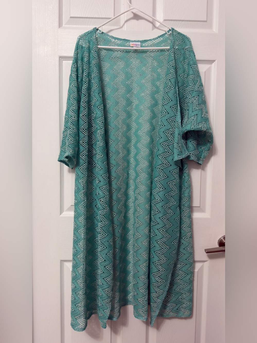 LuLaRoe Teal Crochet Open-Front Maxi Cardigan